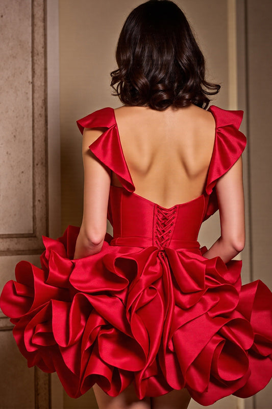 Sparkly Red Corset Beaded Satin Short Homecoming Dress with Ruffles