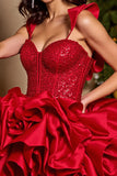 Sparkly Red Corset Beaded Satin Short Homecoming Dress with Ruffles