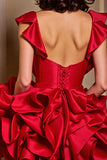 Sparkly Red Corset Beaded Satin Short Homecoming Dress with Ruffles