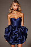 Navy Satin A Line Corset Short Homecoming Dress with Ruffles