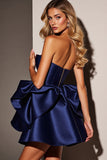 Navy Satin A Line Corset Short Homecoming Dress with Ruffles