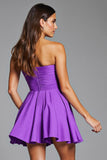 Purple Floral Satin Strapless Short Homecoming Dress