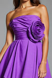 Purple Floral Satin Strapless Short Homecoming Dress