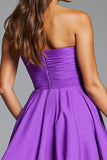 Purple Floral Satin Strapless Short Homecoming Dress