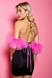 Black Satin Bodycon Strapless Short Homecoming Dress with Feathers