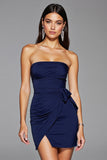 Navy Satin Bodycon Strapless Short Homecoming Dress with Slit
