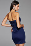 Navy Satin Bodycon Strapless Short Homecoming Dress with Slit