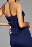 Navy Satin Bodycon Strapless Short Homecoming Dress with Slit