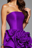 Dark Purple Floral Satin Ruffled Short Homecoming Dress