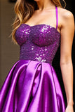Sparkly Dark Purple Satin Halter Short Homecoming Dress with Sequins