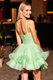 Sparkly Green Corset Beaded Short Homecoming Dress with Ruffles