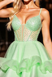 Sparkly Green Corset Beaded Short Homecoming Dress with Ruffles
