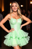 Sparkly Green Tulle Ruffled Corset Short Homecoming Dress with Beading