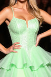 Sparkly Green Tulle Ruffled Corset Short Homecoming Dress with Beading