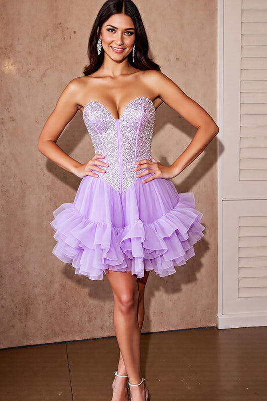 Sparkly Lilac Corset Tulle Short Ruffled Homecoming Dress with Sequins