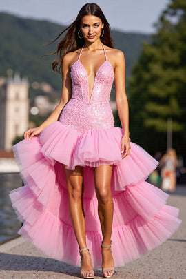 Sparkly Pink Corset Tulle High-Low Ruffled Homecoming Dress with Beading