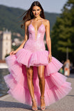 Sparkly Pink Corset Tulle High-Low Ruffled Homecoming Dress with Beading