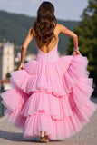 Sparkly Pink Corset Tulle High-Low Ruffled Homecoming Dress with Beading