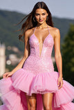 Sparkly Pink Corset Tulle High-Low Ruffled Homecoming Dress with Beading