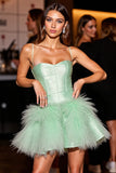 Green Corset A Line Short Homecoming Dress with Feathers