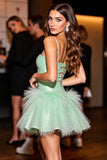 Green Corset A Line Short Homecoming Dress with Feathers