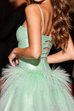 Green Corset A Line Short Homecoming Dress with Feathers