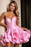 Pink Satin Corset A Line Short Homecoming Dress with Ruffles