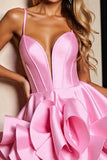 Pink Satin Corset A Line Short Homecoming Dress with Ruffles