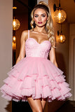 Sparkly Pink Beaded Tulle Short Ruffled Homecoming Dress