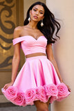 Pink Floral Satin 2 Piece Short Homecoming Dress