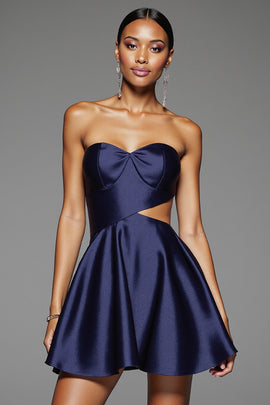 Navy Satin A Line Cut Out Short Homecoming Dress