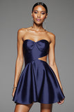 Navy Satin A Line Cut Out Short Homecoming Dress