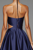Navy Satin A Line Cut Out Short Homecoming Dress