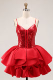 Sparkly Red Sequin Corset Short Homecoming Dress with Ruffles