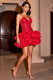 Sparkly Red Sequin Corset Short Homecoming Dress with Ruffles