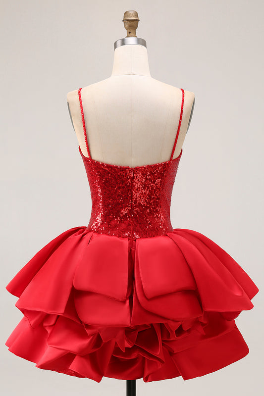 Sparkly Red Corset A Line Short Homecoming Dress with Ruffles