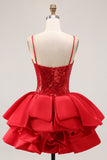 Sparkly Red Sequin Corset Short Homecoming Dress with Ruffles