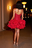Sparkly Red Sequin Corset Short Homecoming Dress with Ruffles