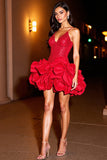 Sparkly Red Sequin Corset Short Homecoming Dress with Ruffles