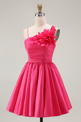 Fuchsia Floral A Line Satin Ruffled Short Homecoming Dress