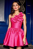 Fuchsia A Line Satin Floral Short Homecoming Dress with Ruffles