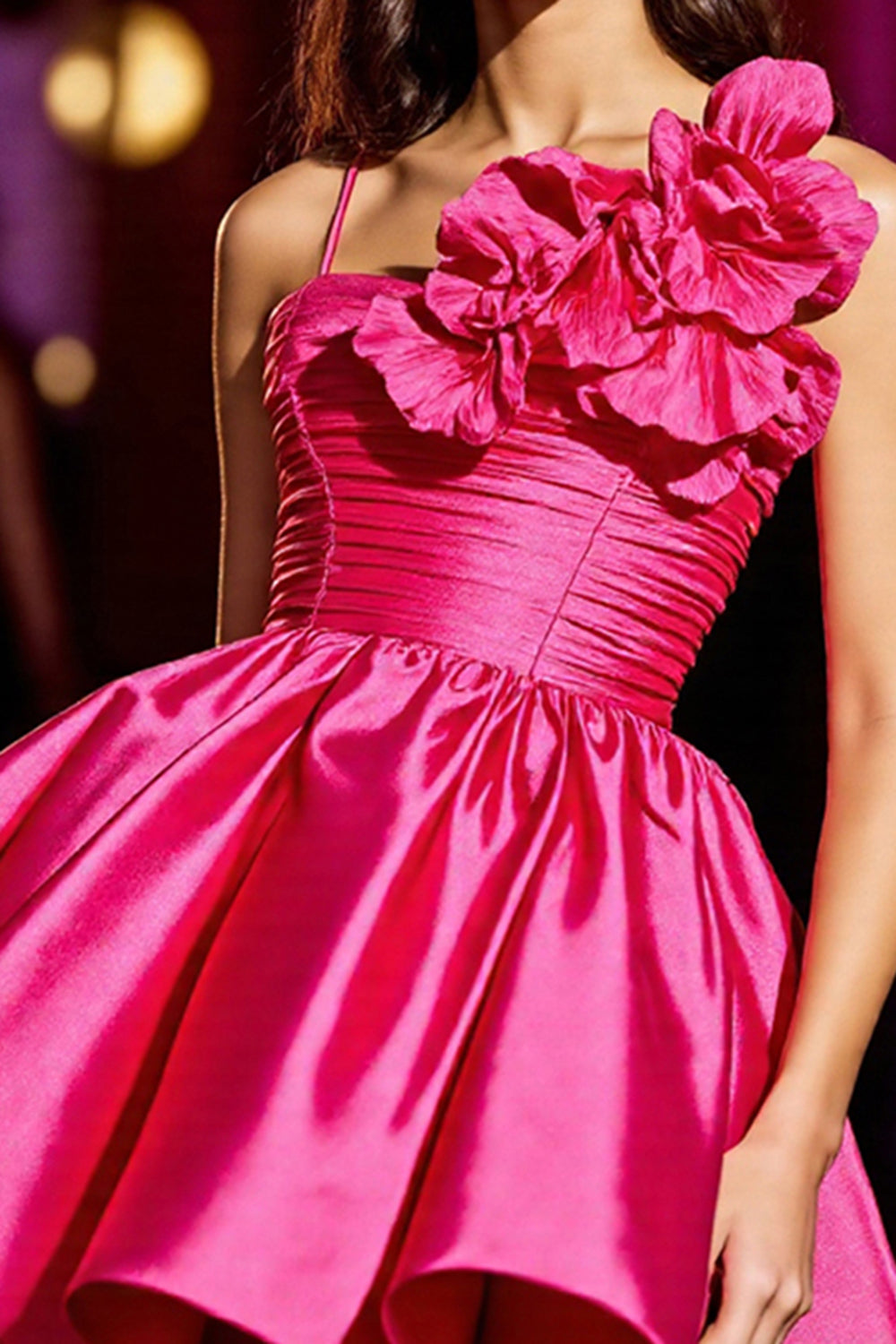 Fuchsia A Line Satin Floral Short Homecoming Dress with Ruffles
