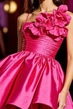 Fuchsia A Line Satin Floral Short Homecoming Dress with Ruffles