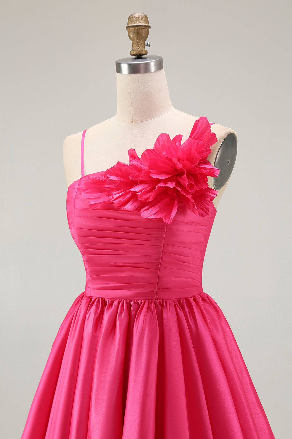 Fuchsia Floral A Line Satin Ruffled Short Homecoming Dress