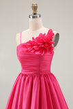 Fuchsia Floral A Line Satin Ruffled Short Homecoming Dress