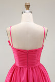 Fuchsia Floral A Line Satin Ruffled Short Homecoming Dress