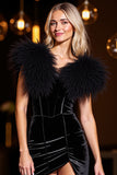 Black Velvet Bodycon Short Homecoming Dress with Feathers
