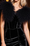 Black Velvet Bodycon Short Homecoming Dress with Feathers