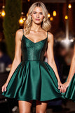 Dark Green Satin A Line Short Homecoming Dress with Beading