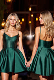 Dark Green Satin A Line Short Homecoming Dress with Beading